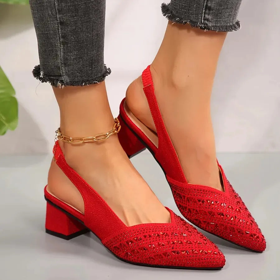 Women’s Glitter Slingback Heels - Pointed Toe Block Heel Pumps