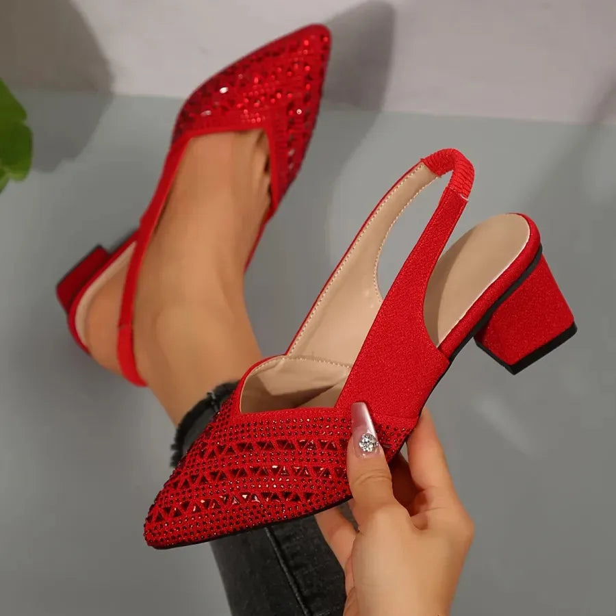 Women’s Glitter Slingback Heels - Pointed Toe Block Heel Pumps