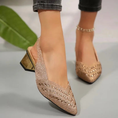 Women’s Glitter Slingback Heels - Pointed Toe Block Heel Pumps