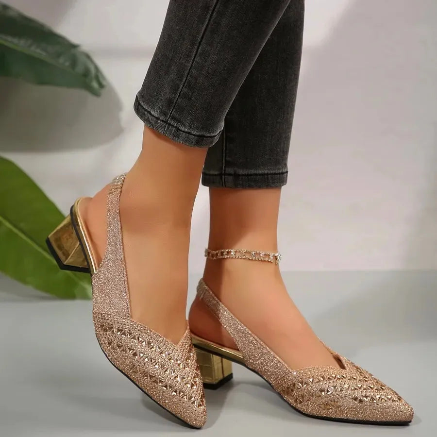 Women’s Glitter Slingback Heels - Pointed Toe Block Heel Pumps