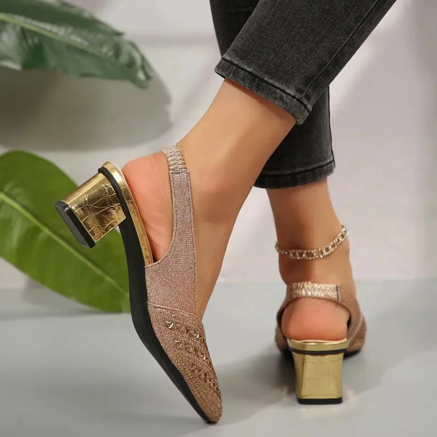 Women’s Glitter Slingback Heels - Pointed Toe Block Heel Pumps