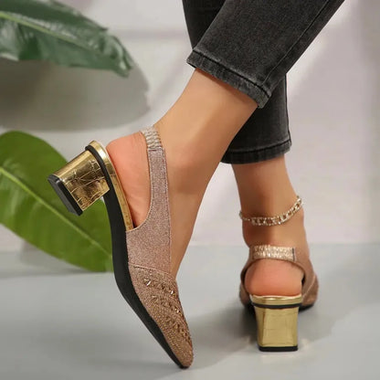 Women’s Glitter Slingback Heels - Pointed Toe Block Heel Pumps
