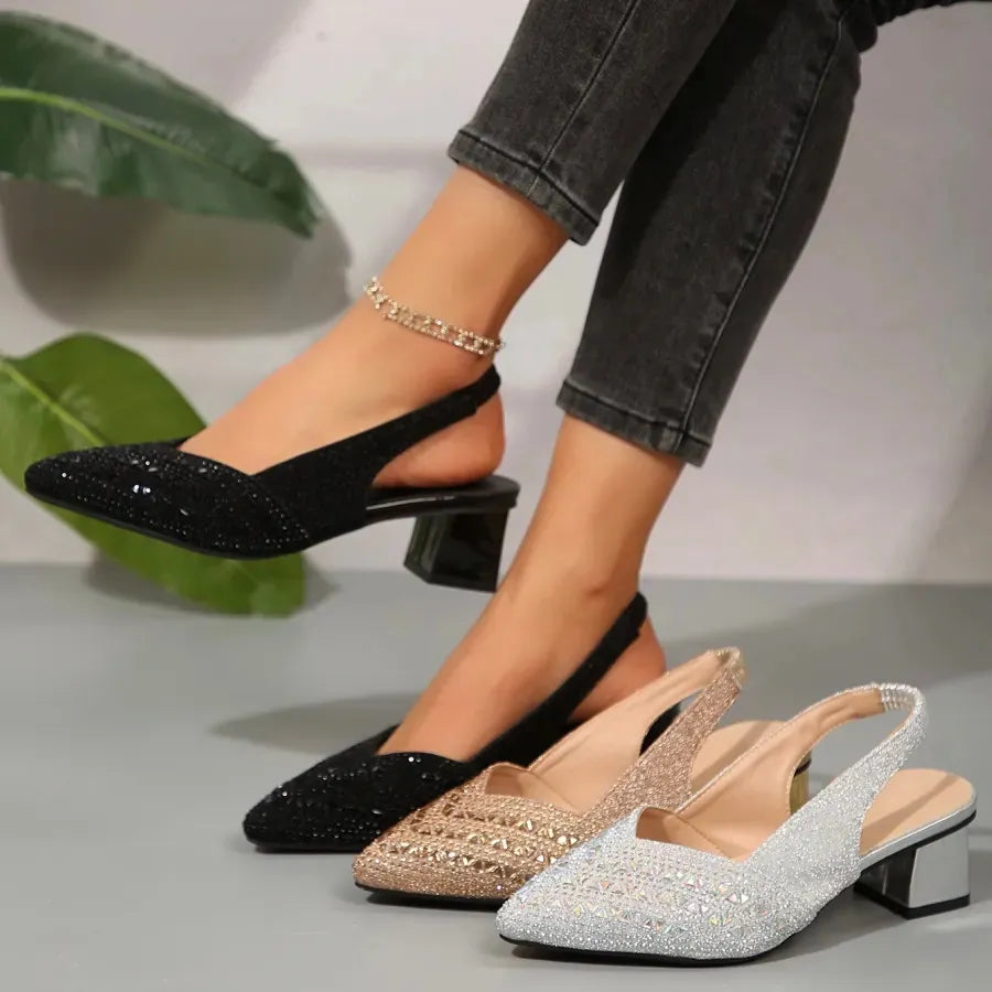 Women’s Glitter Slingback Heels - Pointed Toe Block Heel Pumps