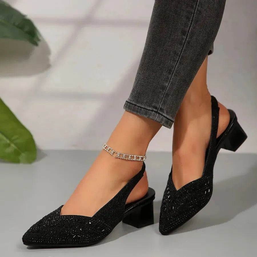 Women’s Glitter Slingback Heels - Pointed Toe Block Heel Pumps