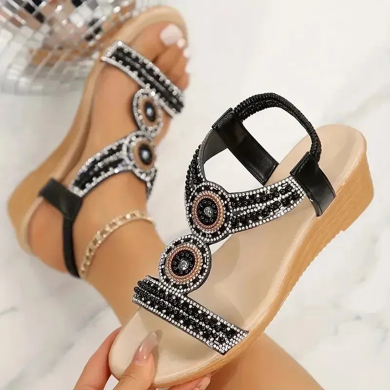Women’s Rhinestone Wedge Sandals - Embellished Strappy Heels