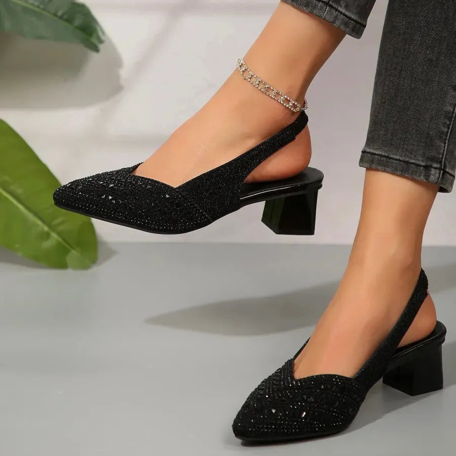 Women’s Glitter Slingback Heels - Pointed Toe Block Heel Pumps