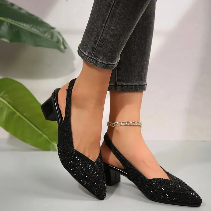 Women’s Glitter Slingback Heels - Pointed Toe Block Heel Pumps
