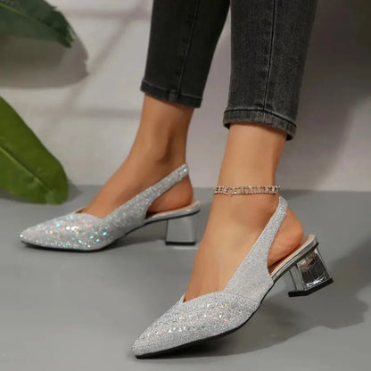 Women’s Glitter Slingback Heels - Pointed Toe Block Heel Pumps