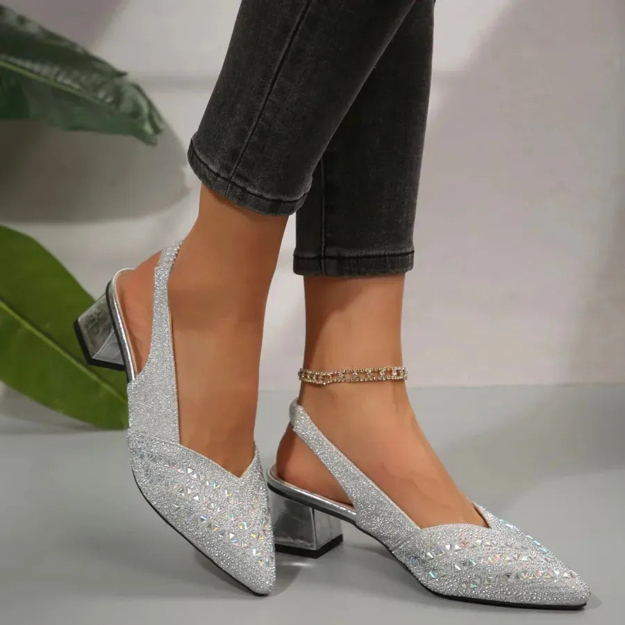Women’s Glitter Slingback Heels - Pointed Toe Block Heel Pumps