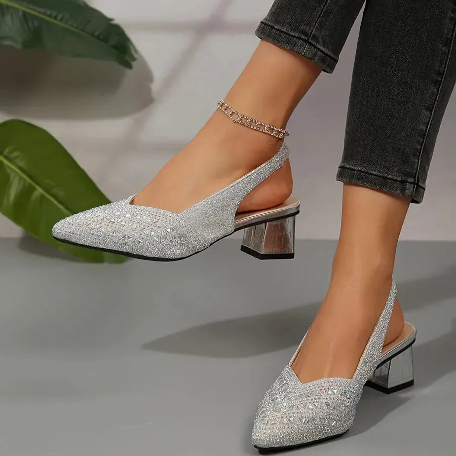Women’s Glitter Slingback Heels - Pointed Toe Block Heel Pumps