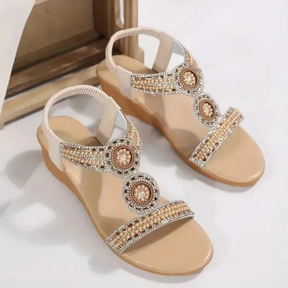 Women’s Rhinestone Wedge Sandals - Embellished Strappy Heels