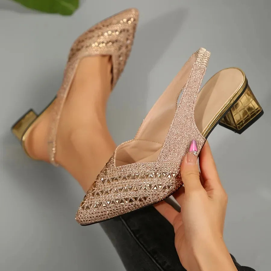 Women’s Glitter Slingback Heels - Pointed Toe Block Heel Pumps