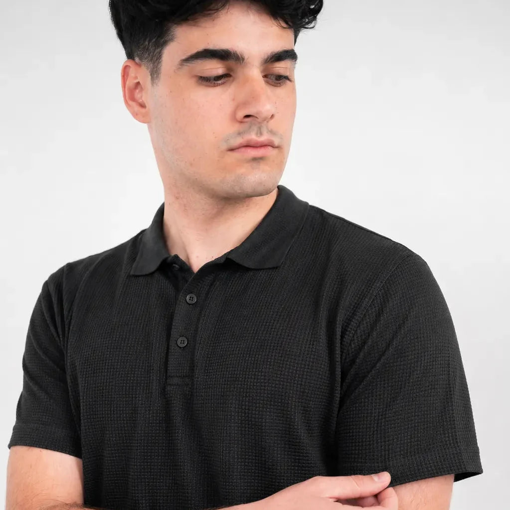 Premium Waffle-Texture Men's Polo - Black