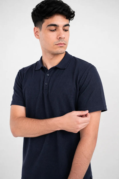 Premium Waffle-Texture Men's Polo - Midnight Navy