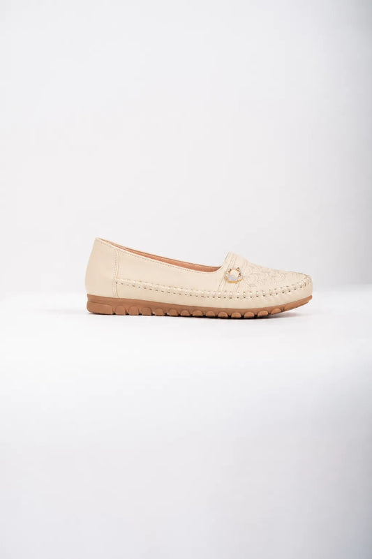 Ellor Bestickter Mokassin-Ballerina – Cremefarbenes Beige