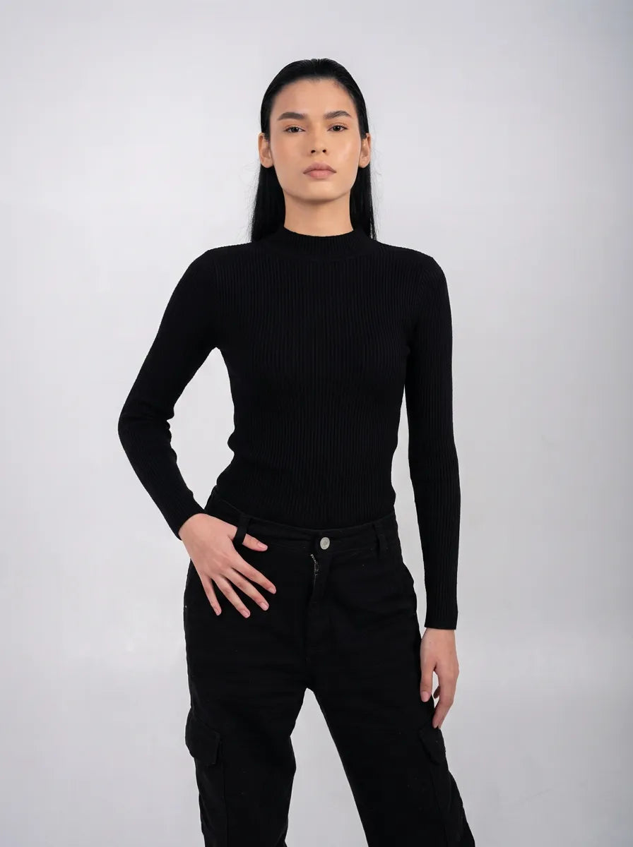 Ellor Ribbed Knit Top – Jet Black