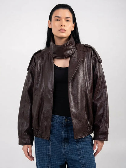 Ellor Oversized Moto Jacket – Burgundy