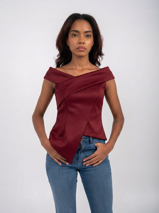 Ellor Asymmetric Peplum Top – Burgundy