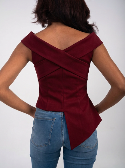 Ellor Asymmetric Peplum Top – Burgundy